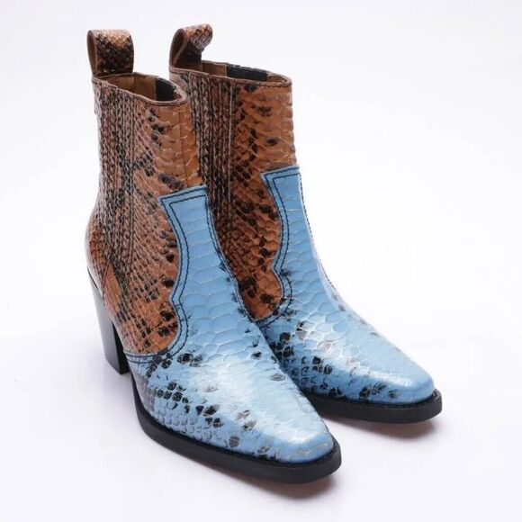 Ganni Shoes - Ganni Two-tone Snake Embossed Leather Western Ankle Boots Blue Brown US 8 EUR38